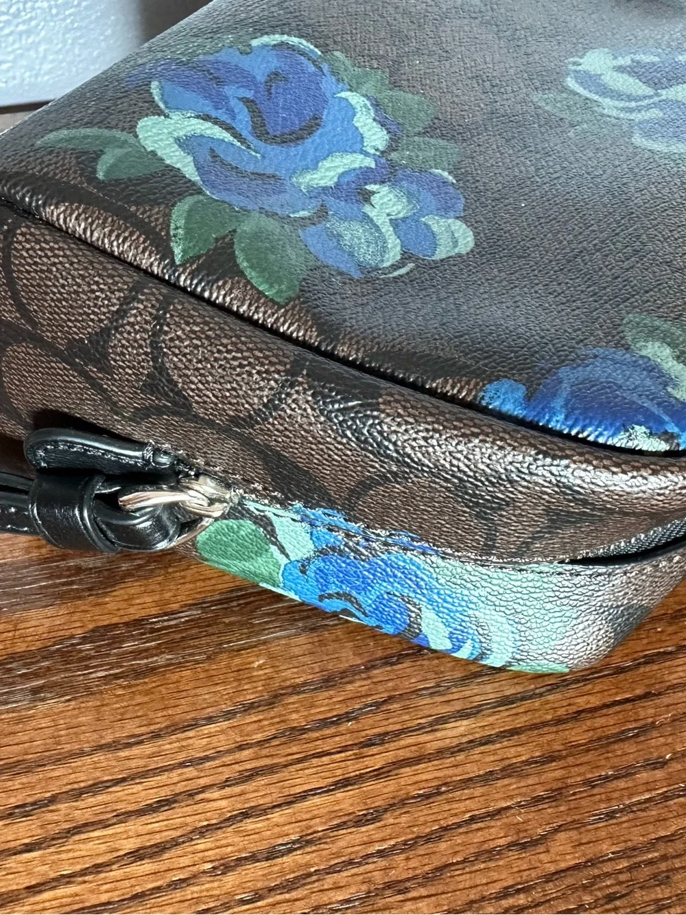 Coach Brown Cosmetic Bag with Blue Floral Print